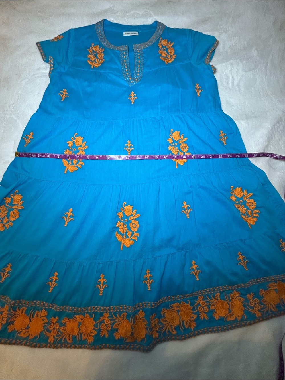 Roller Rabbit Bright Blue Cotton Tiered Dress with Orange Embroidery Size Large - Picture 9 of 13